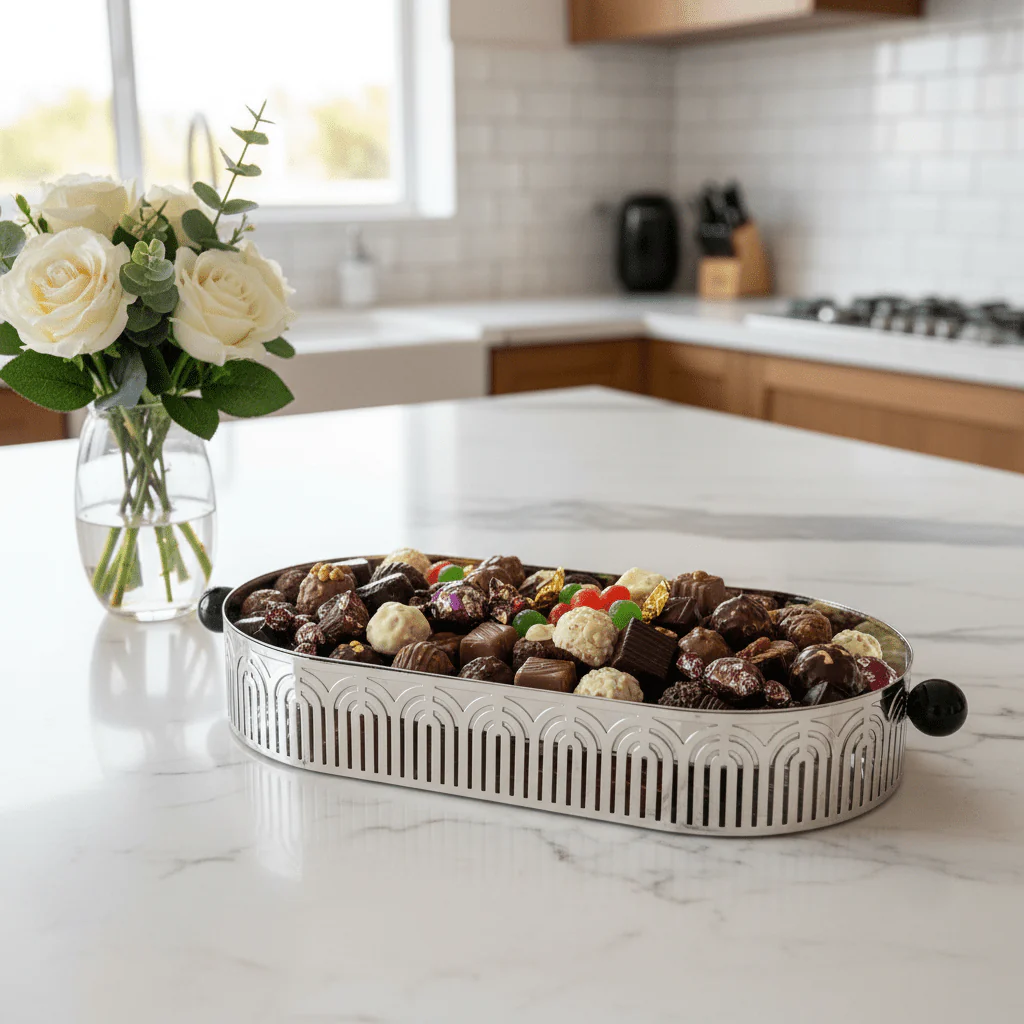 Silver Metal Oval Candy & Serving Tray with Elegant Black Handles | Ornate Arch Cutout Design | 30×15cm | - Image 3