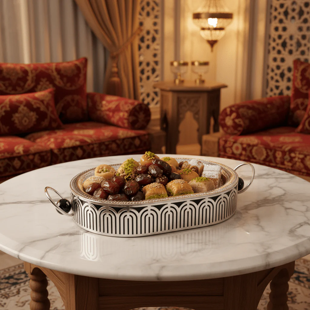 Silver Metal Oval Candy & Serving Tray with Elegant Side Handles and Geometric Arch Stand | Hammered Finish | Premium Hospitality Décor | - Image 2