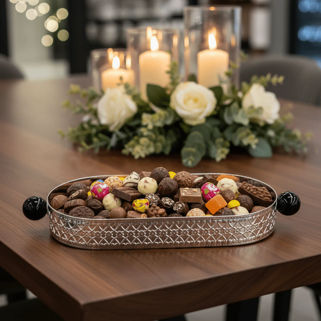 Silver Metal Oval Candy & Sweets Tray with Elegant Black Handles | Decorative Lattice Design | 20×10 cm | - Image 2