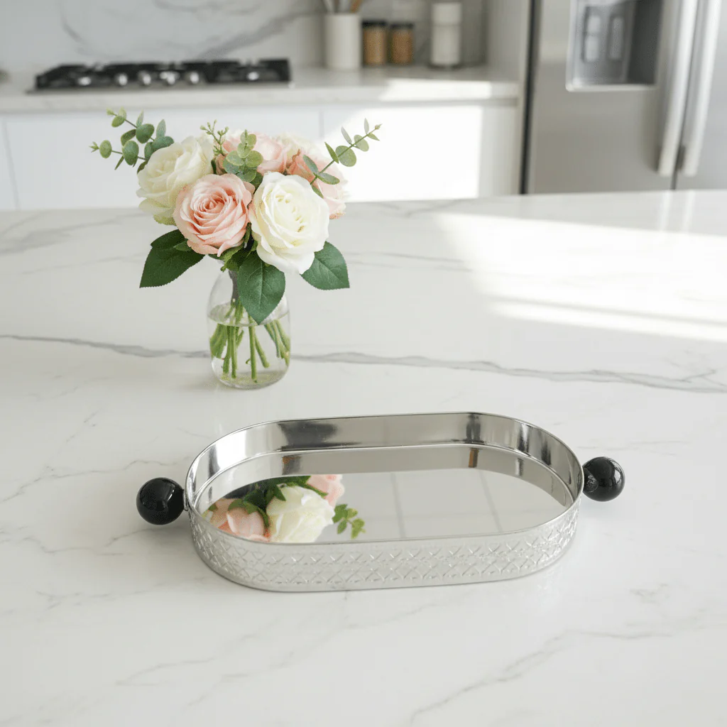 Silver Metal Oval Candy & Sweets Tray with Elegant Black Handles | Decorative Lattice Design | 20×10 cm | - Image 3
