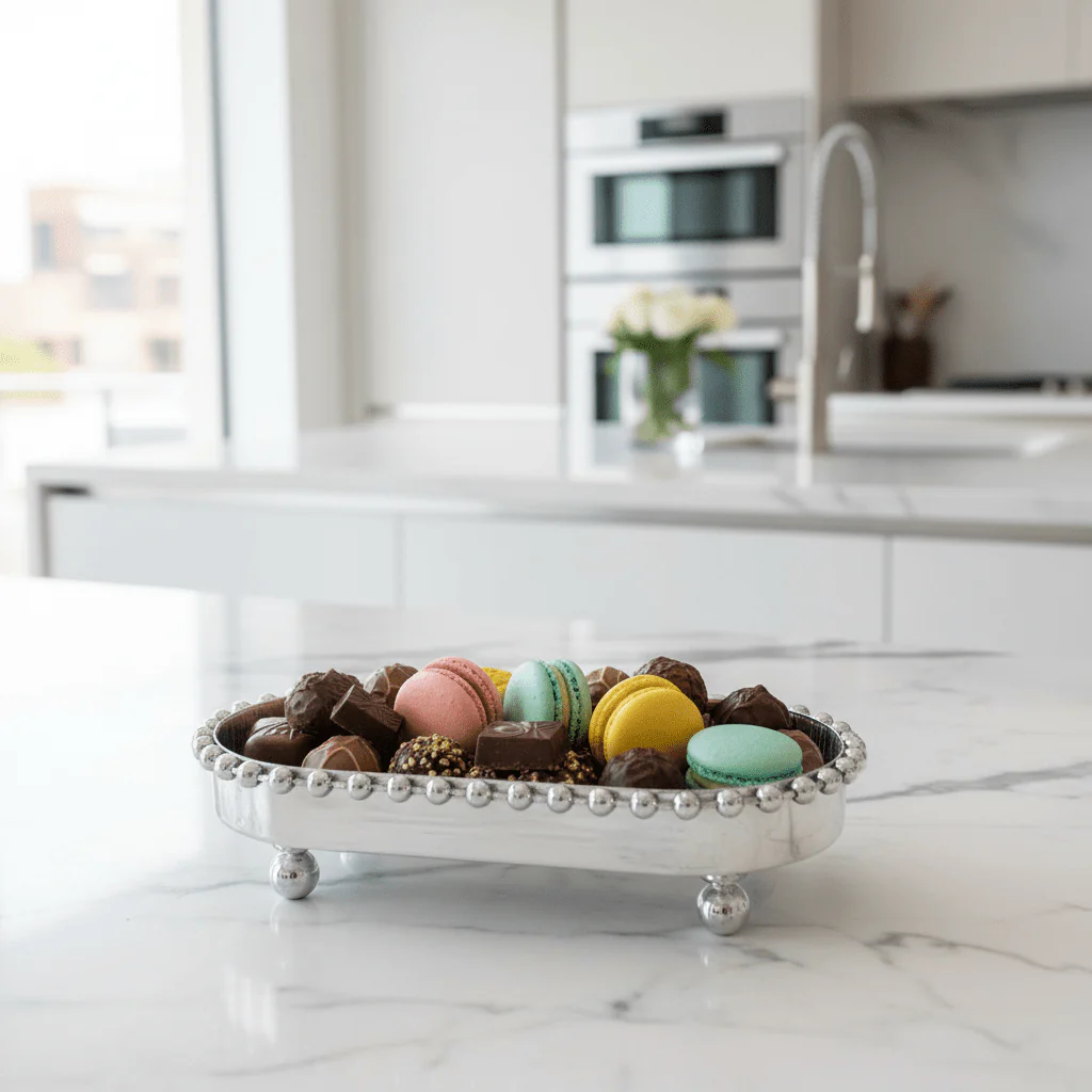 Silver Metal Oval Candy & Sweets Serving Tray with Beaded Pearl Border and Ball Feet — 20×10 cm - Image 3