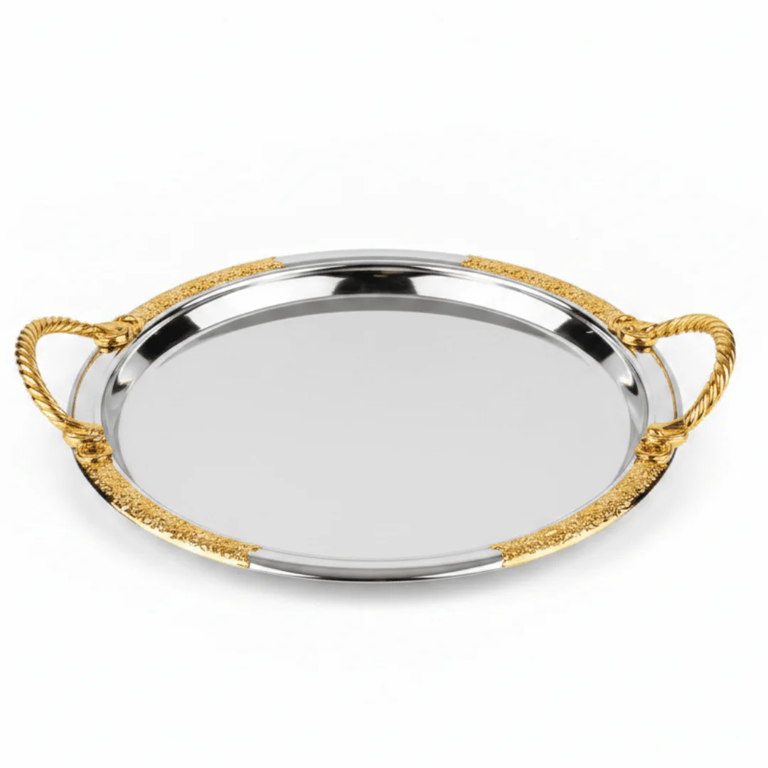 Luxury Round Silver Serving Tray with Gold Rope Handles — 30cm | Premium Arabic Hospitality Tableware