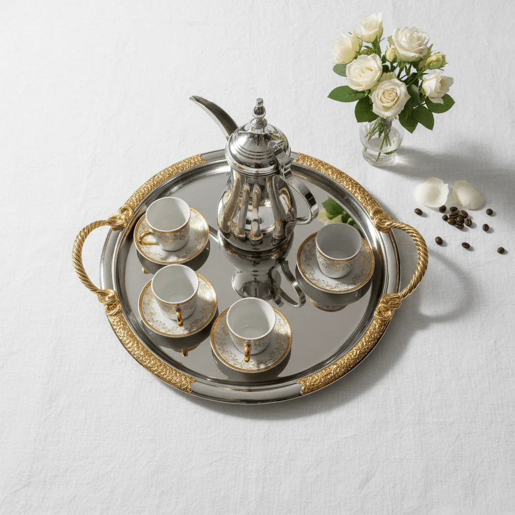 Luxury Round Silver Serving Tray with Gold Rope Handles — 30cm | Premium Arabic Hospitality Tableware - Image 3