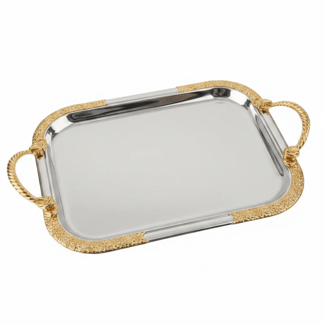 Luxury Silver & Gold Rectangle Serving Tray with Golden Rope Handles — 32×15cm