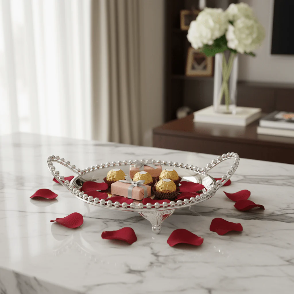 Silver Metal Round Candy Tray with Decorative Beaded Rim and Ornate Handles - Image 2