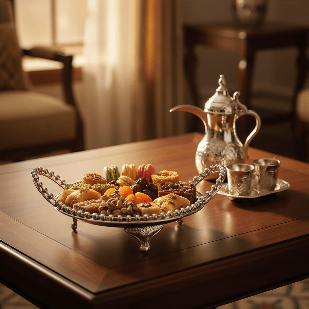 Silver Metal Round Candy Tray with Decorative Beaded Rim and Ornate Handles - Image 3