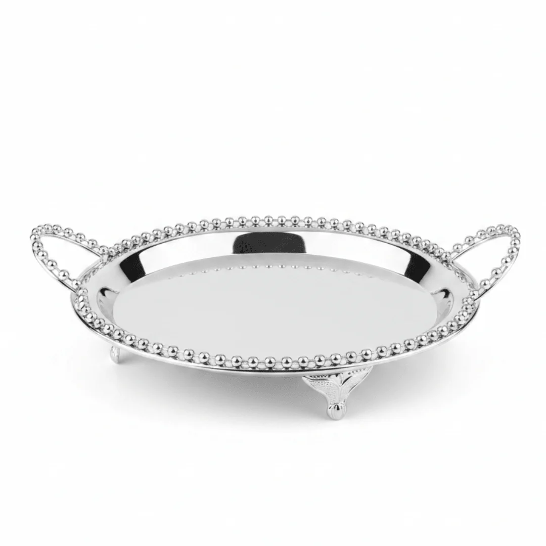 Silver Metal Round Candy Tray with Decorative Beaded Rim and Ornate Handles - Image 4