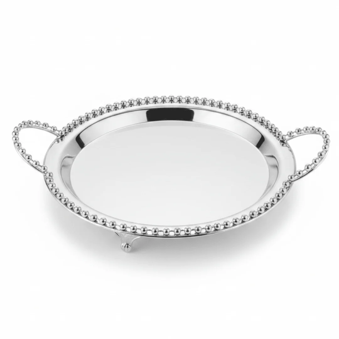 Silver Metal Round Candy Tray with Decorative Beaded Rim and Ornate Handles - Image 5