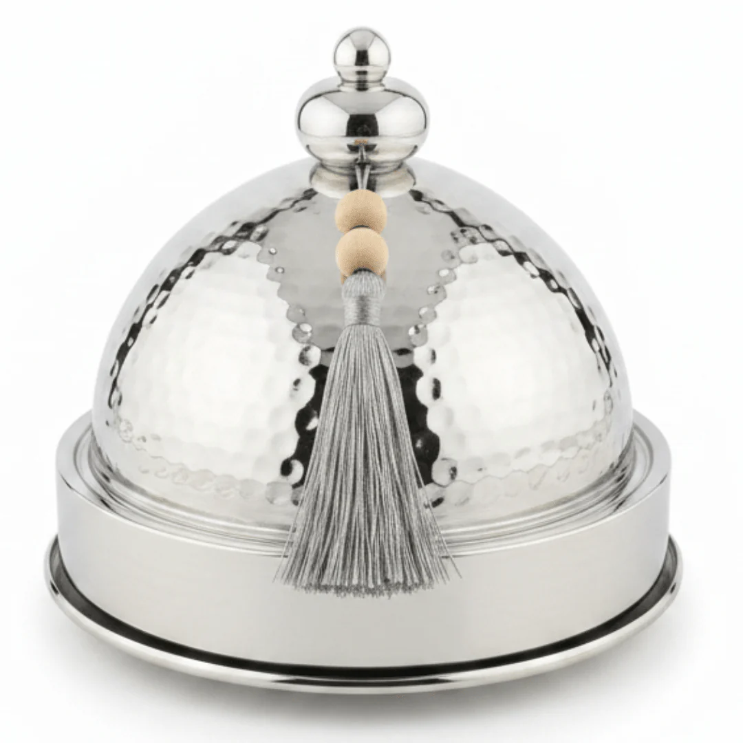 Silver Stainless Steel Round Tajine Serving Bowl 19cm — Hammered Dome Lid | Luxury Tableware