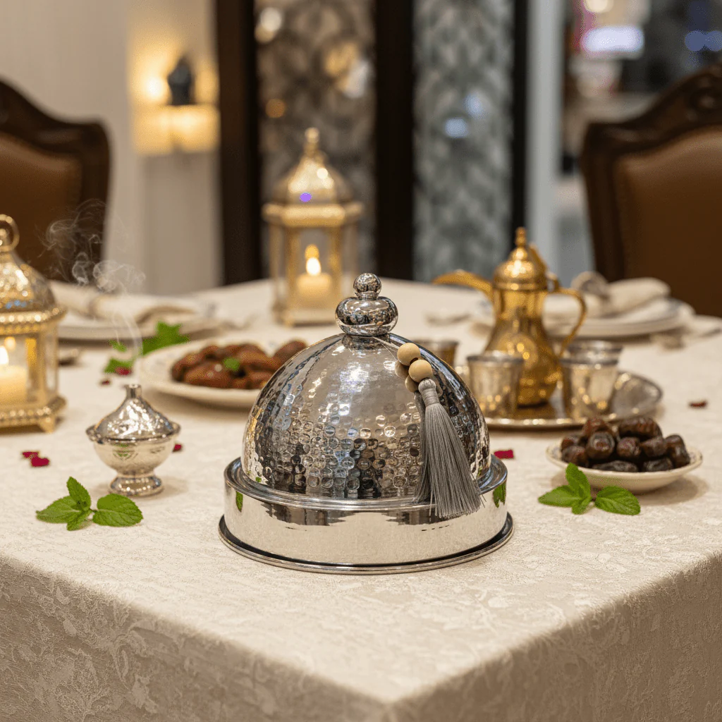 Silver Stainless Steel Round Tajine Serving Bowl 19cm — Hammered Dome Lid | Luxury Tableware - Image 2
