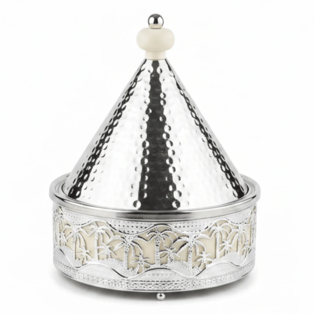 Silver Stainless Steel Moroccan Tajine with Palm Tree Design — 22.5cm