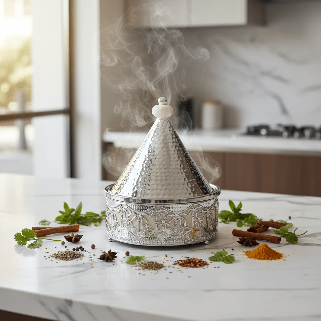 Silver Stainless Steel Moroccan Tajine with Palm Tree Design — 22.5cm - Image 3