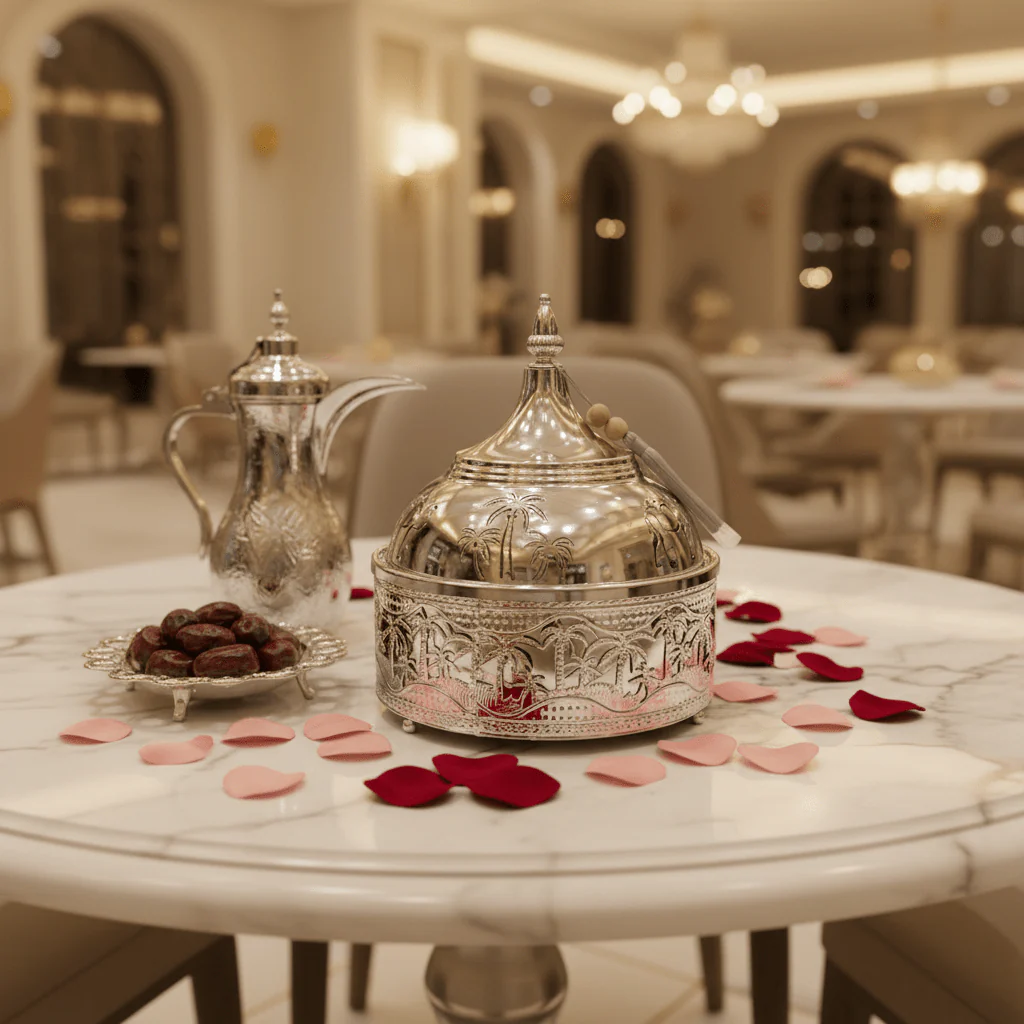 Premium Silver Stainless Steel Tajine with Palm Tree Landscape Design — 22cm | Arabic Heritage Serving Dish - Image 3