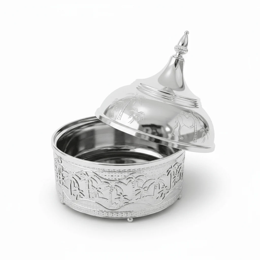 Premium Silver Stainless Steel Tajine with Palm Tree Landscape Design — 22cm | Arabic Heritage Serving Dish - Image 4