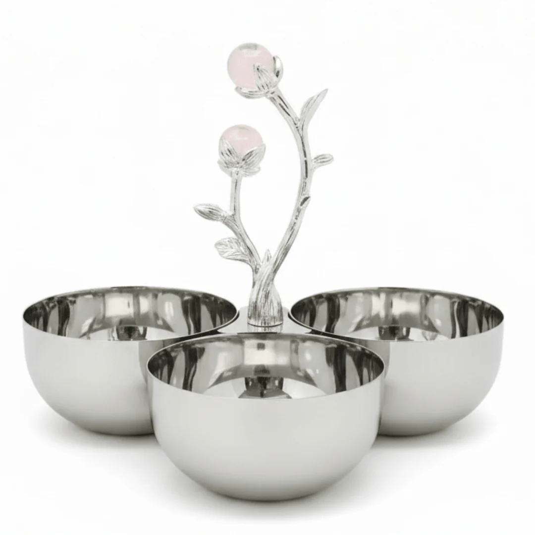Silver Stainless Steel 3-Part Candy & Nuts Serving Bowl Set with Decorative Rose Stem Handle | 10×10 cm |
