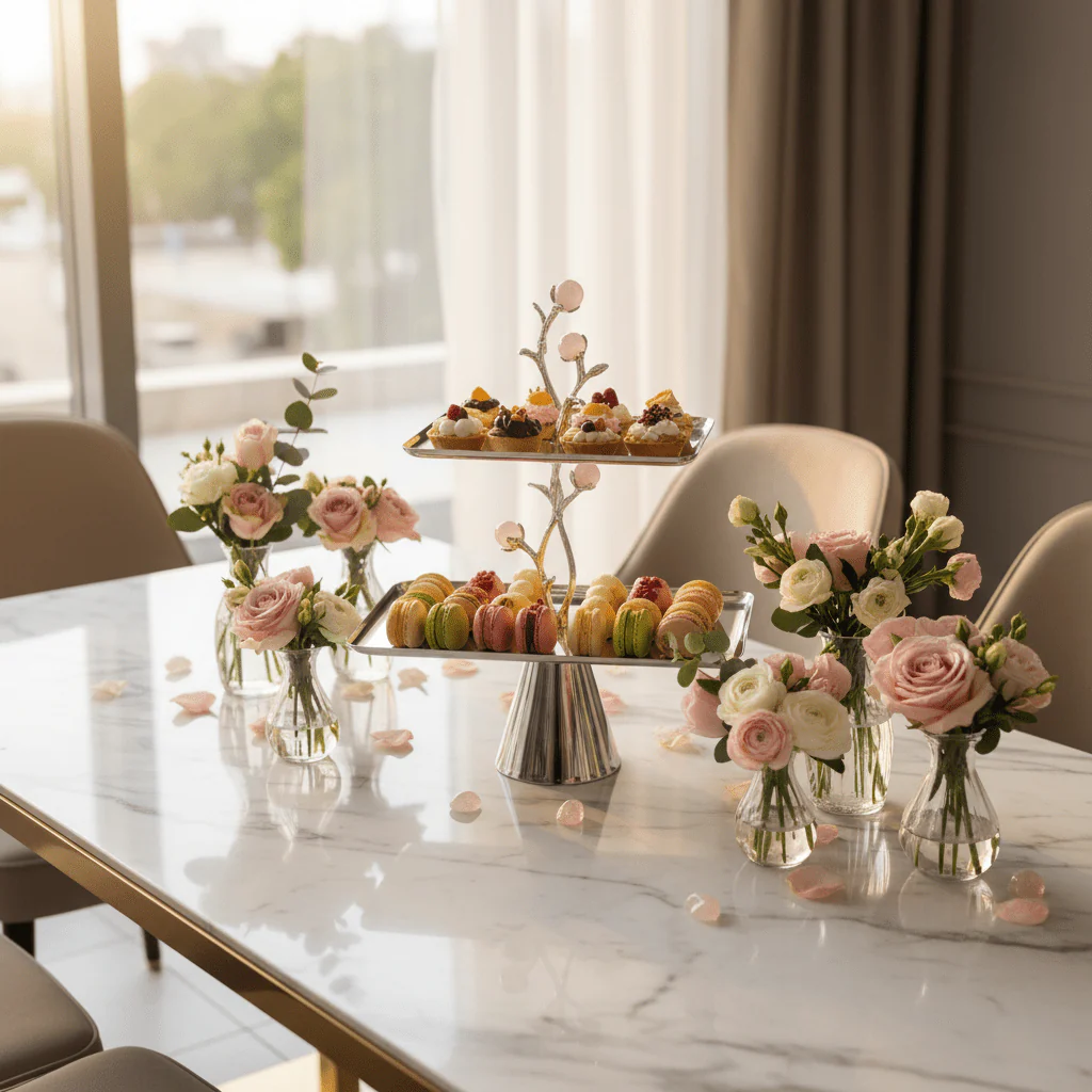 Silver Stainless Steel Footed 2-Tier Rectangular Cake & Dessert Tray Stand with Decorative Floral Branch Stem | 20×15cm & 30×20cm | - Image 3