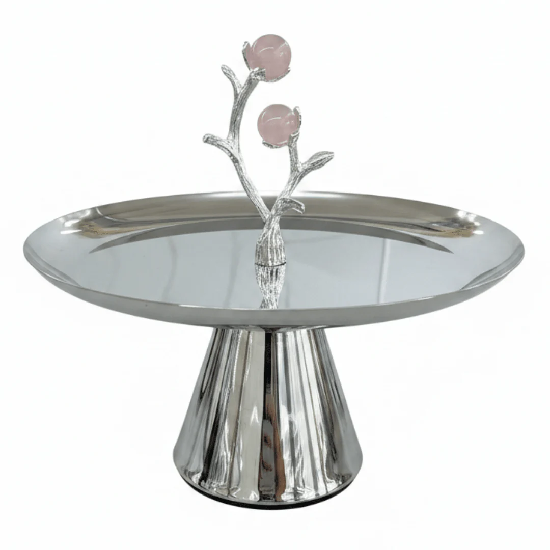 Silver Stainless Steel Footed Candy & Sweets Tray with Rose Quartz Ball Tree 14×24 cm