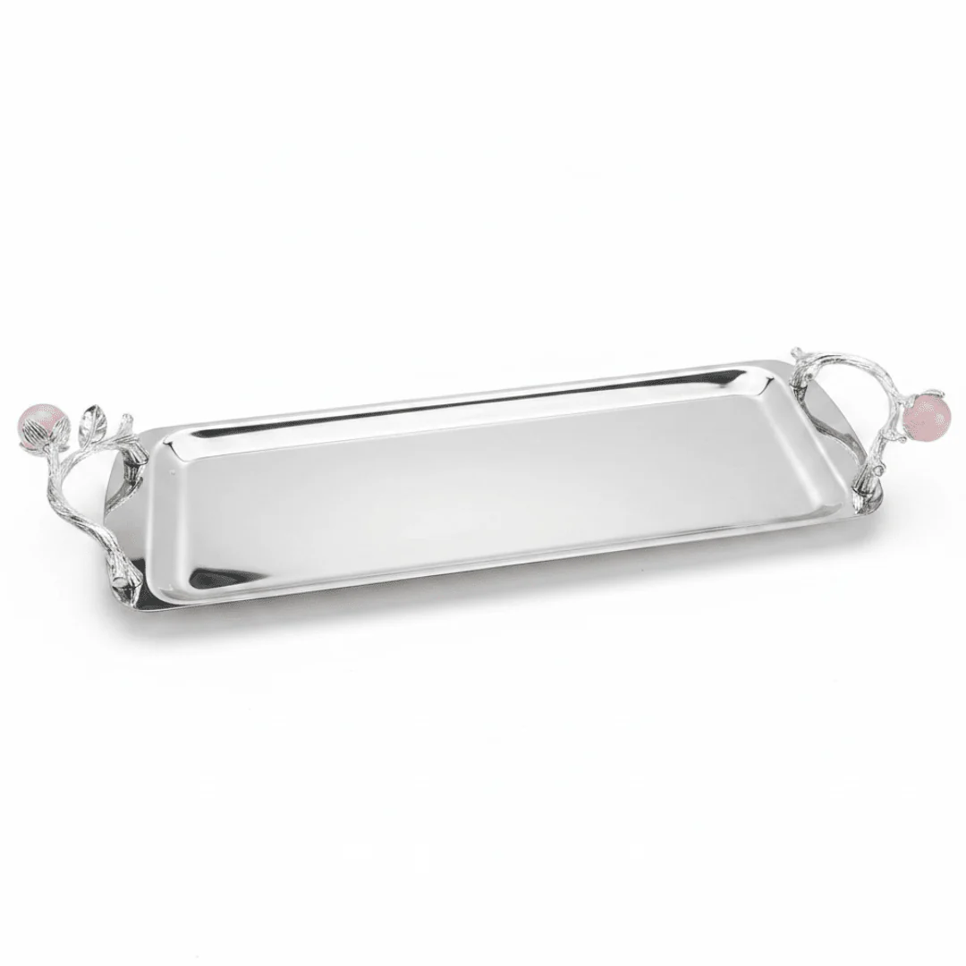 Silver Stainless Steel Rectangle Cake & Serving Tray with Ornate Floral Handles & Rose Quartz Accent – 35×12cm / 45×12cm