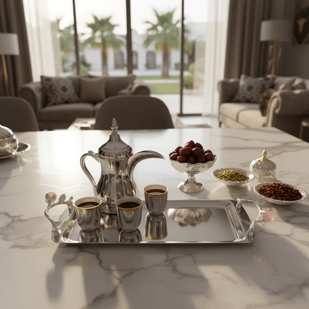 Silver Stainless Steel Rectangle Cake & Serving Tray with Ornate Floral Handles & Rose Quartz Accent – 35×12cm / 45×12cm - Image 3