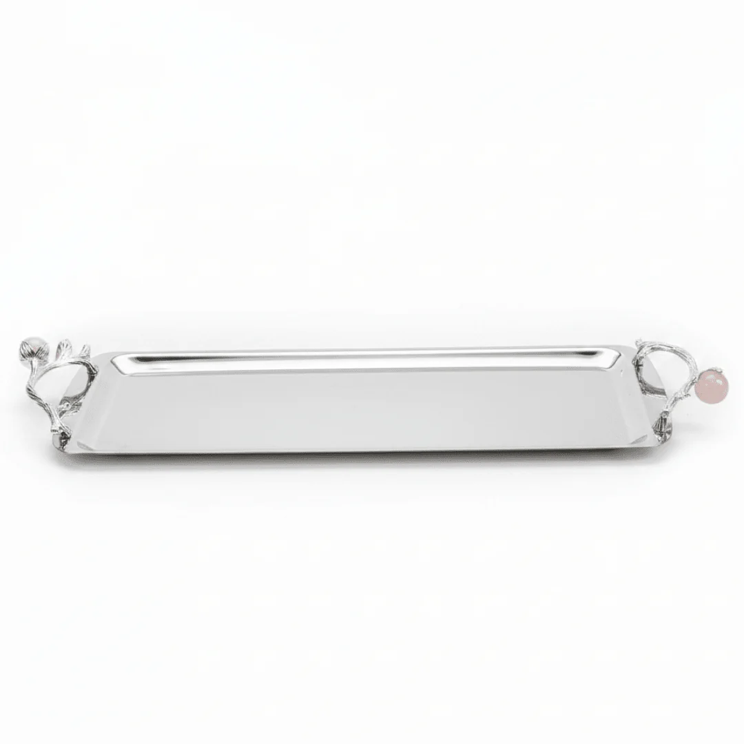 Silver Stainless Steel Rectangle Cake & Serving Tray with Ornate Floral Handles & Rose Quartz Accent – 35×12cm / 45×12cm - Image 4