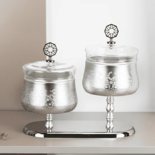 Otantik Nourhan Luxury Nuts Serving Set with Tray - Stainless Steel & Glass 2-Bowl Set