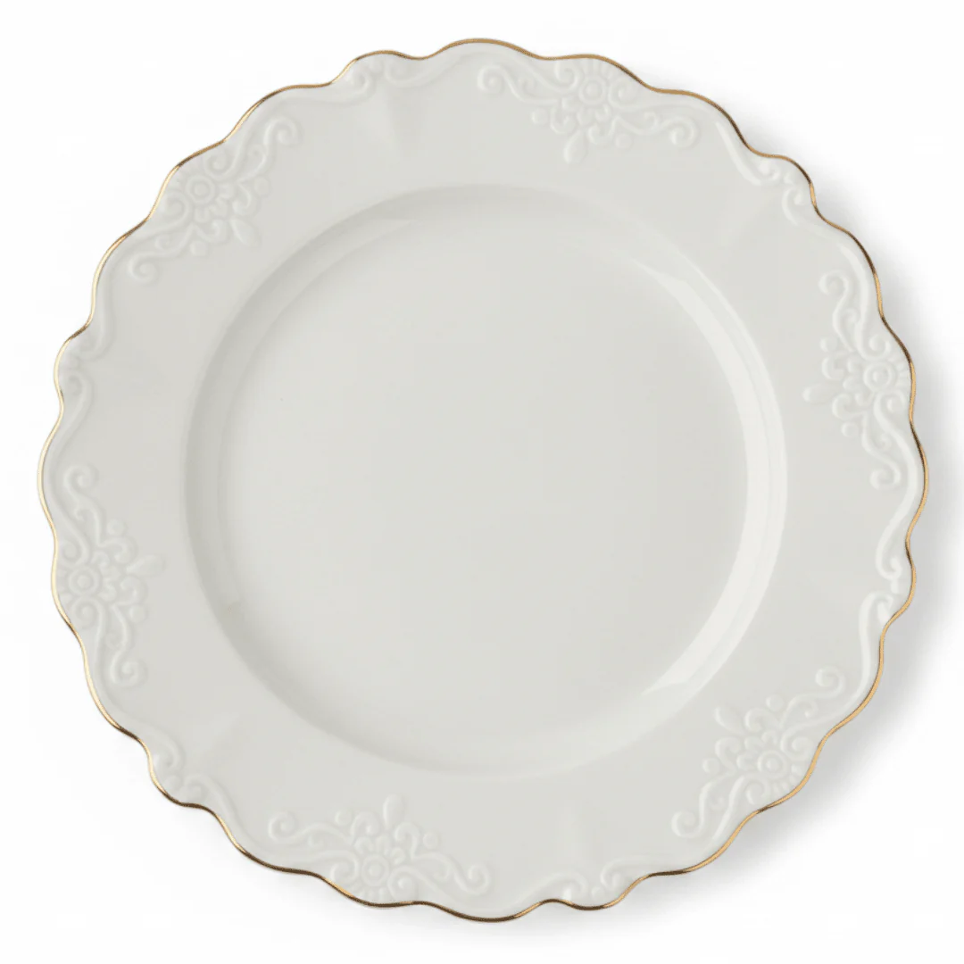 Solecasa Off-White Round Ceramic Dessert Plate with Gold Rim - 8.5 Inch