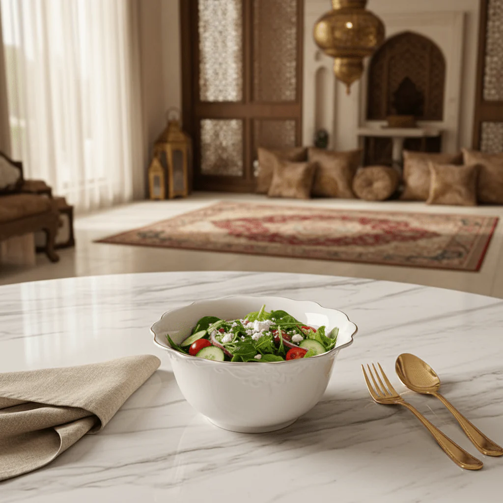 Solecasa Off-White Round Ceramic Salad Bowl with Gold Rim - 7.9 Inch - Image 2