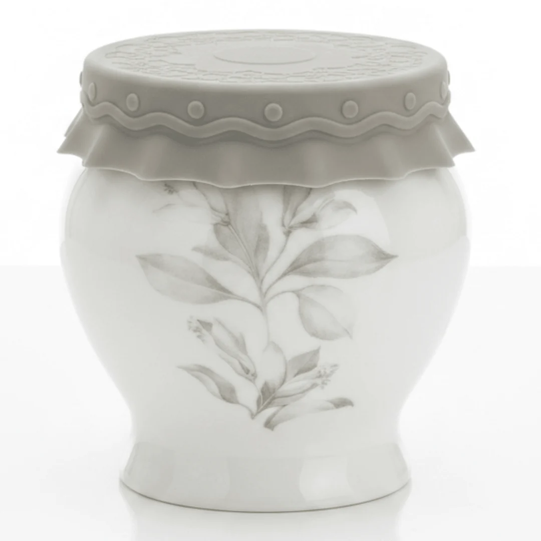 Solecasa White Ceramic Honey Jar with Floral Design & Grey Silicone Lid | 300ml