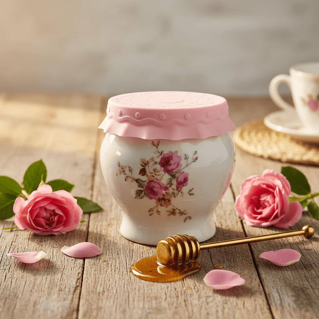 Solecasa White Ceramic Honey Jar with Floral Design & Pink Silicone Lid — 300ml - Image 2
