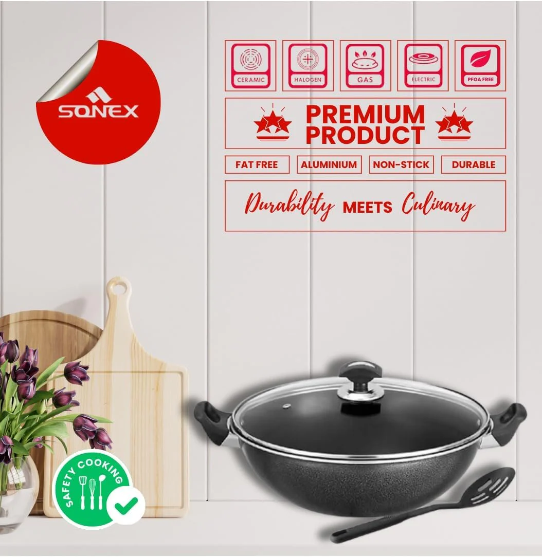 SONEX Non-Stick Cooking Wok Pan with Glass Lid 36cm - Image 4