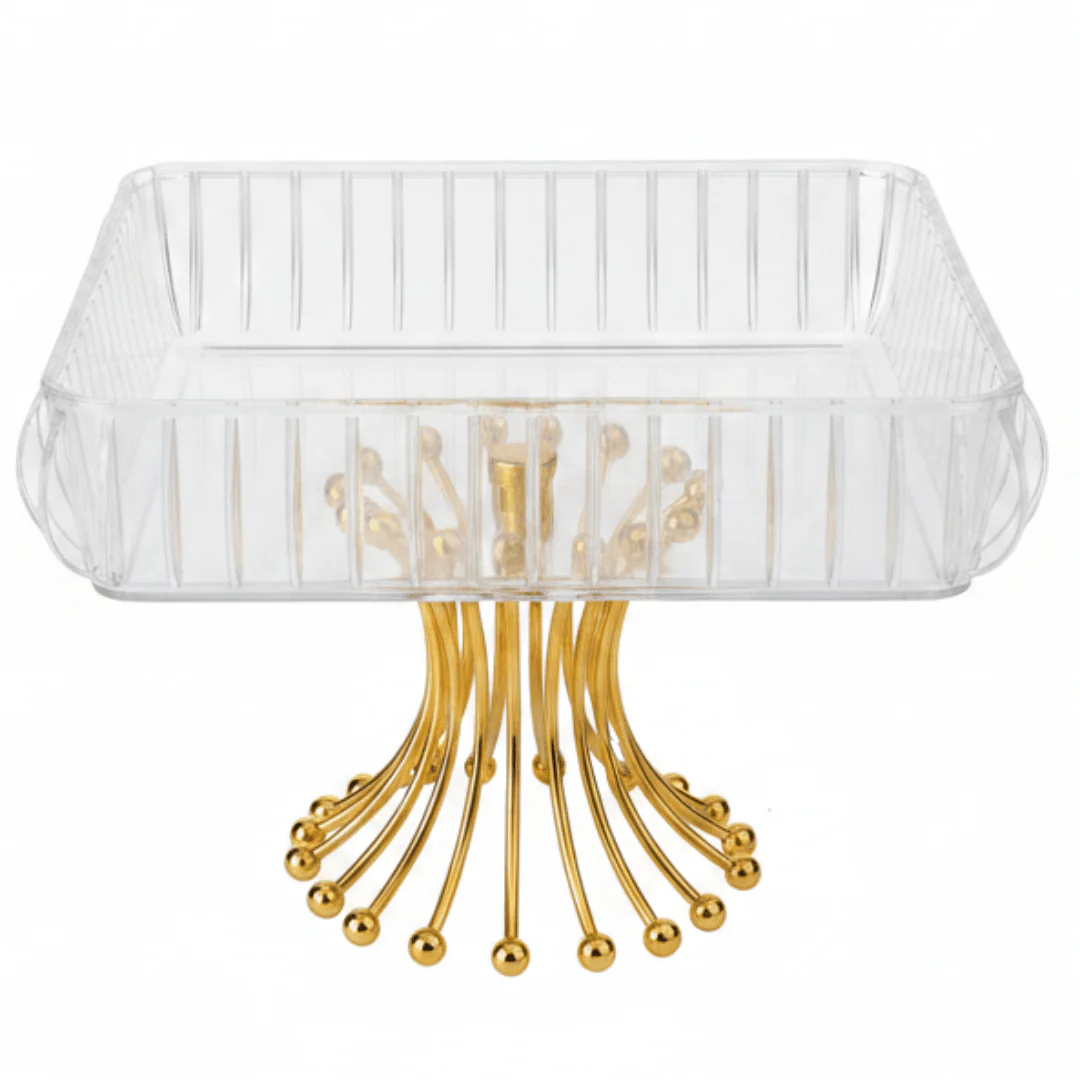 Crystal Acrylic Square Candy Tray with Gold Starburst Pedestal Base — 22×22cm