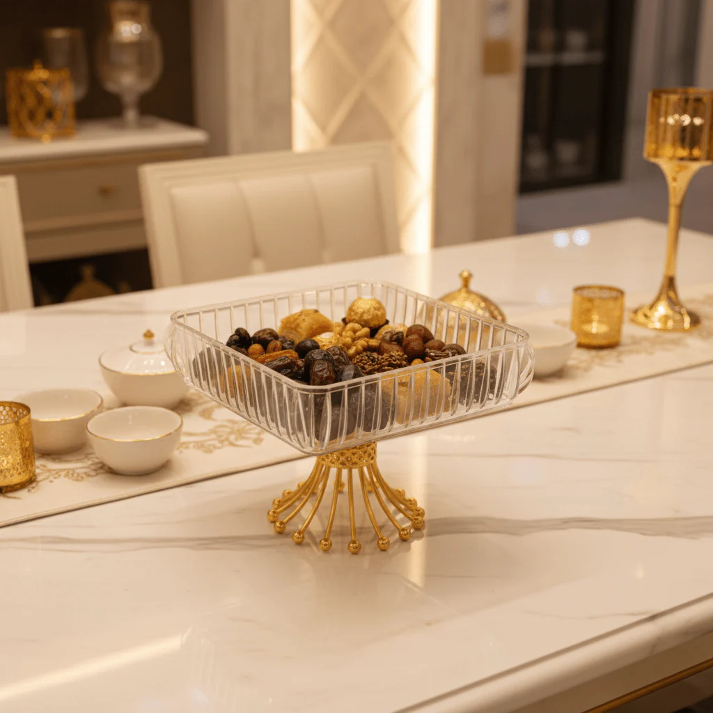 Crystal Acrylic Square Candy Tray with Gold Starburst Pedestal Base — 22×22cm - Image 2