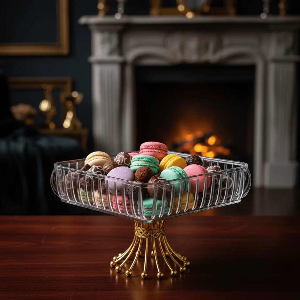 Crystal Acrylic Square Candy Tray with Gold Starburst Pedestal Base — 22×22cm - Image 3