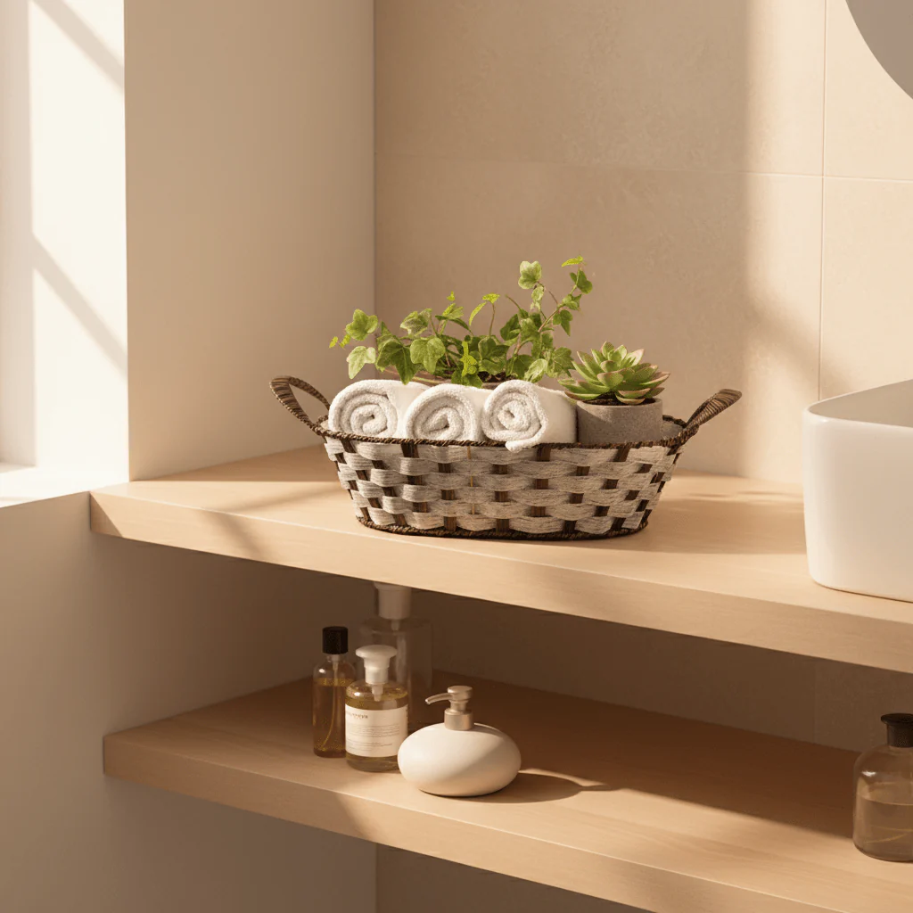 Stylish Grey & Brown Oval Rattan Utility Basket with Comfortable Handle for Storage Display and Organizing 31×24 cm - Image 3