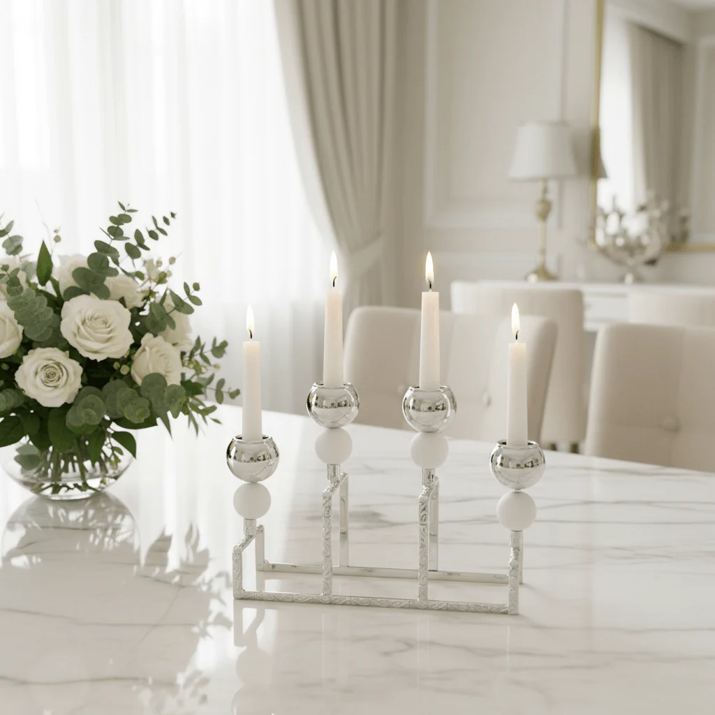 Stylish Silver & White Metal 4 Way Candle Holder Stand for Modern Interior Decoration – 20cm - Image 3