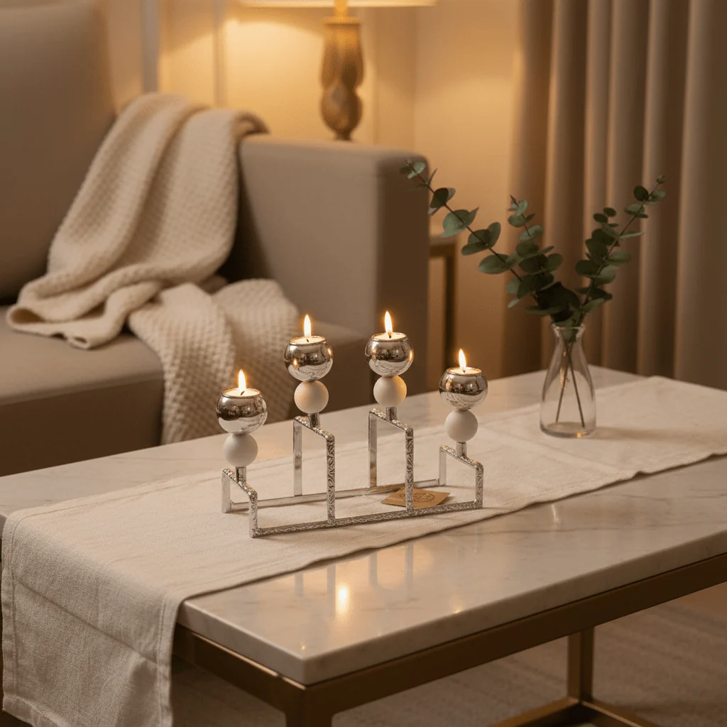Stylish Silver & White Metal 4 Way Candle Holder Stand for Modern Interior Decoration – 20cm - Image 4
