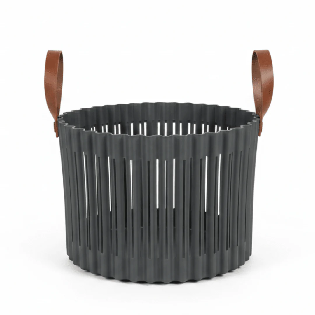 Sun Plast Ribbed Plastic Basket with Handles - 18×24cm - Grey / Brown