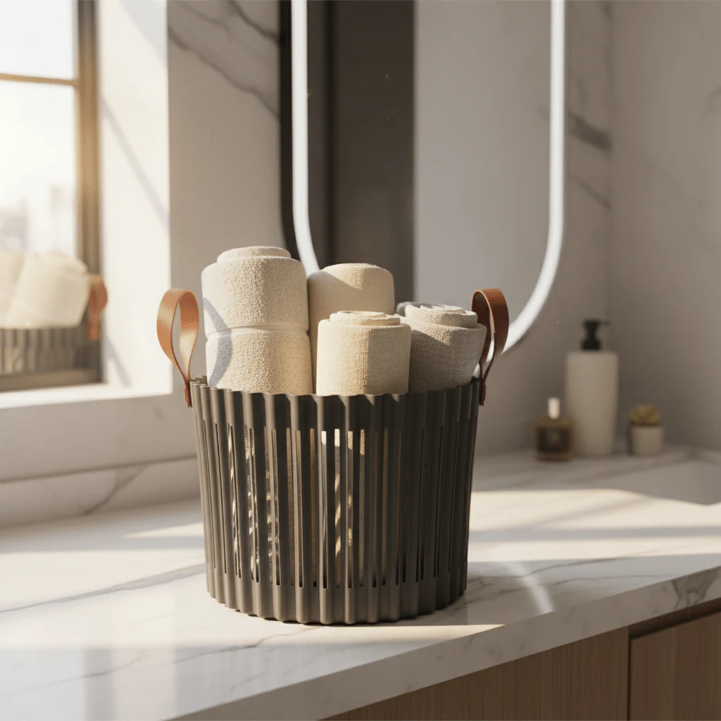 Sun Plast Ribbed Plastic Basket with Handles - 18×24cm - Grey / Brown - Image 2