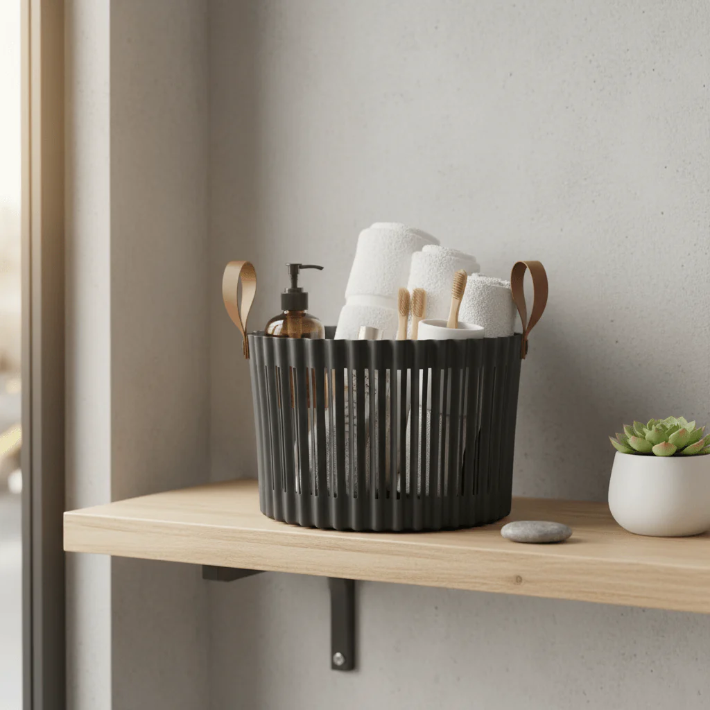 Sun Plast Ribbed Plastic Basket with Handles - 18×24cm - Grey / Brown - Image 3