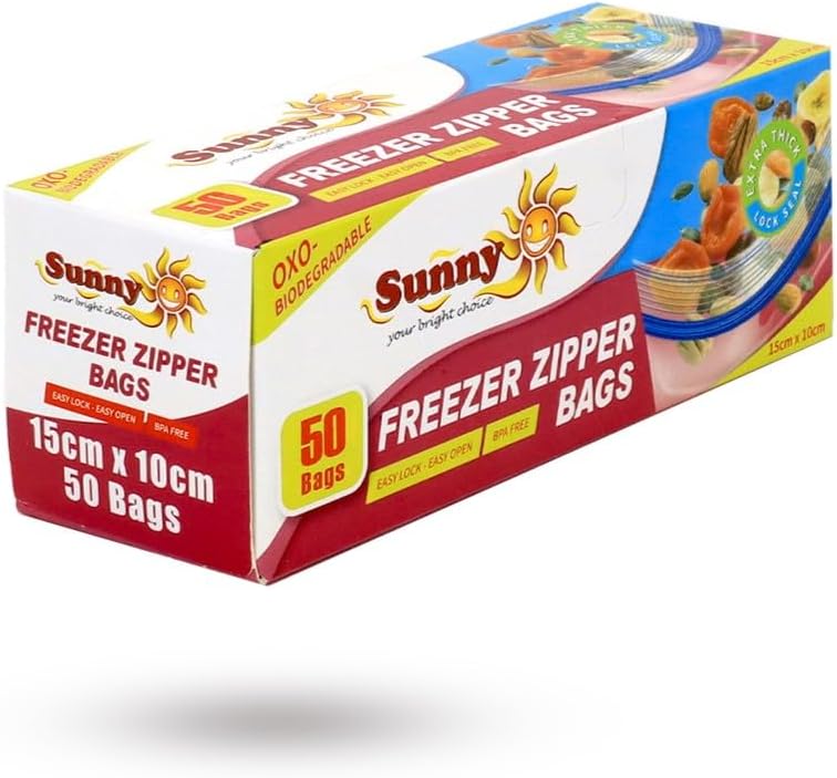 Sunny Zipper Bags 15cm*10cm, 50 Bags, Extra Thick, Easy Lock&Open, Oxo-Biodegradable