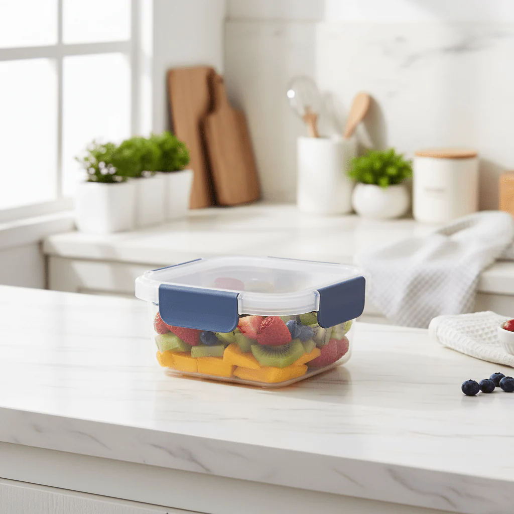 Super Lock Plastic Square Food Container With Lid 900ml-Blue&Transparent - Image 2