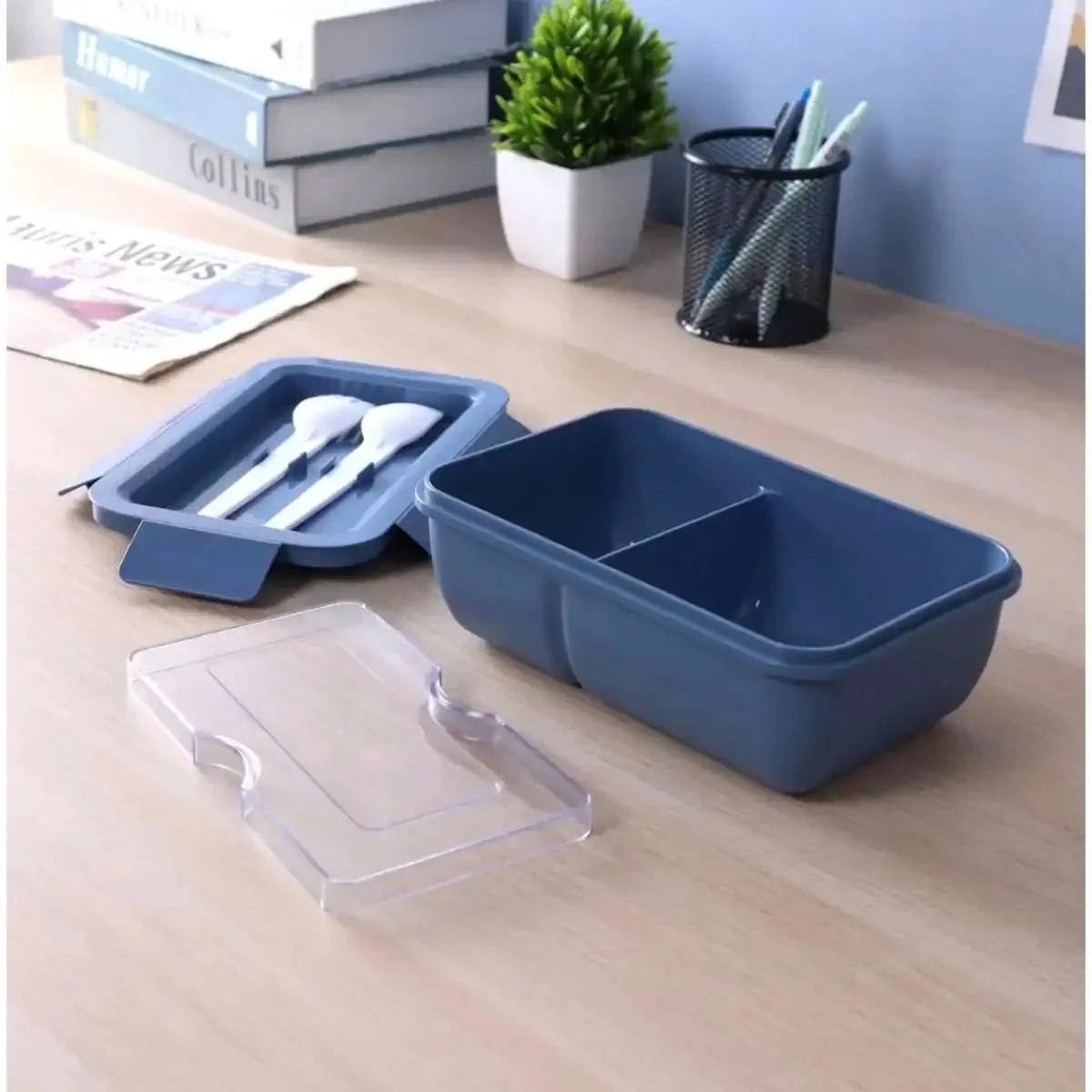 SUPER LOCK Wheat Straw Eco Rectangular Lunch Box 1000ml with Cutlery, Blue - Image 2