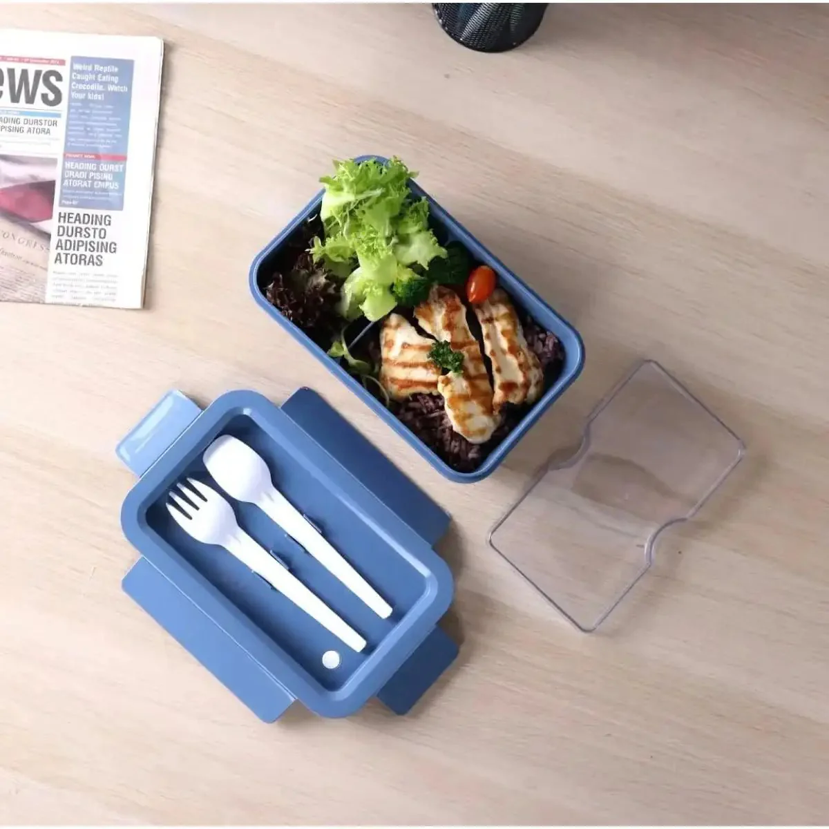 SUPER LOCK Wheat Straw Eco Rectangular Lunch Box 1000ml with Cutlery, Blue - Image 3