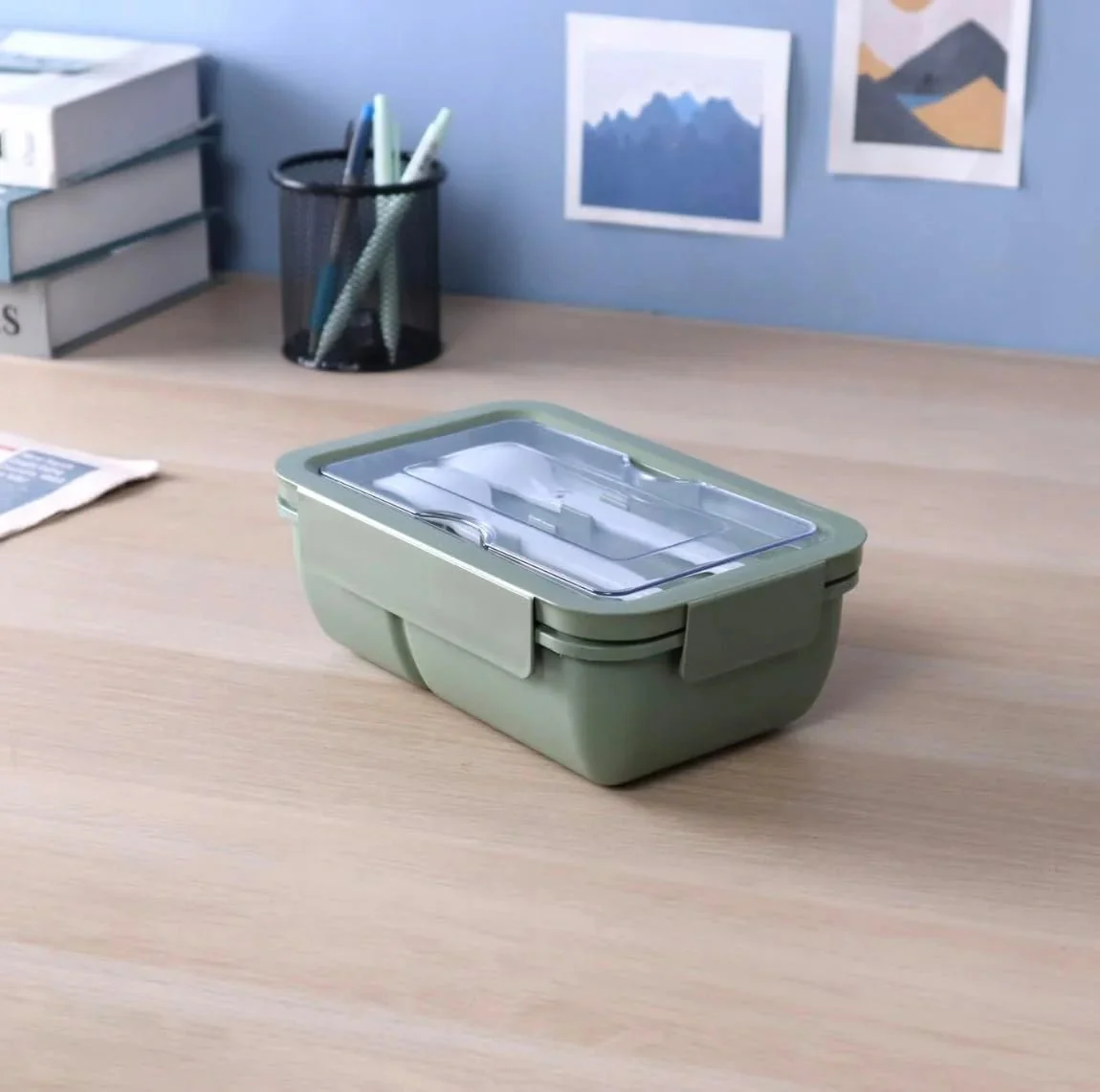SUPER LOCK Wheat Straw Eco Rectangular Lunch Box 1000ml with Cutlery, Green - Image 3