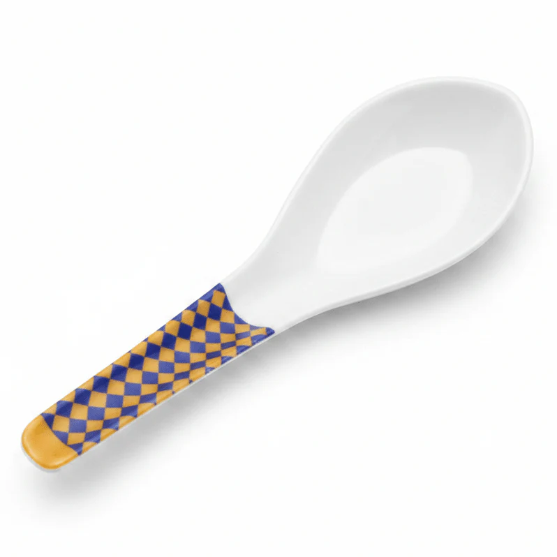 Supreme White Melamine Soup Spoon with Royal Blue & Golden Checkered Design, Lightweight & Durable Table Spoon – 5.5 Inch