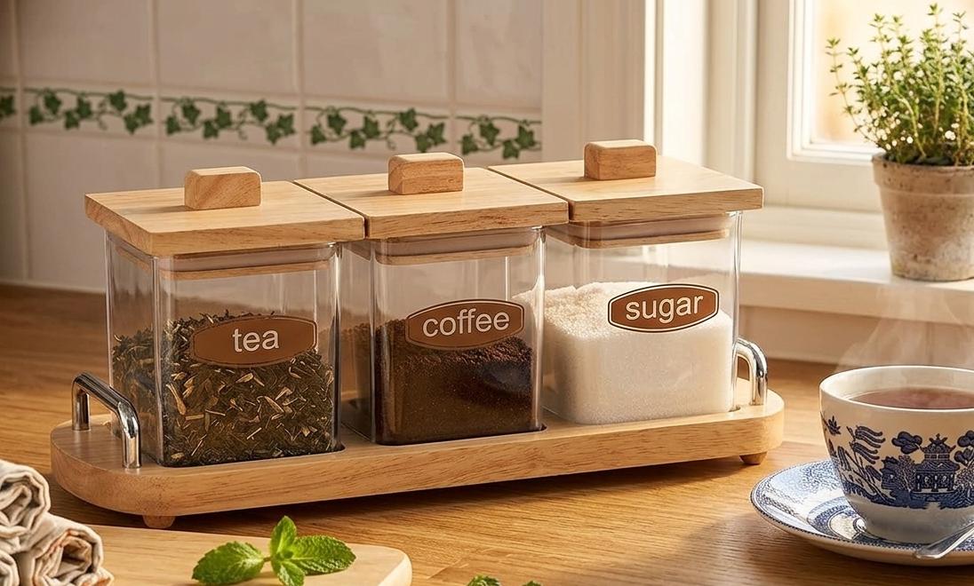 Billi Coffee, Tea & Sugar Canister Set with Wooden Lid & Stand 11*37*15.5 cm - Image 2