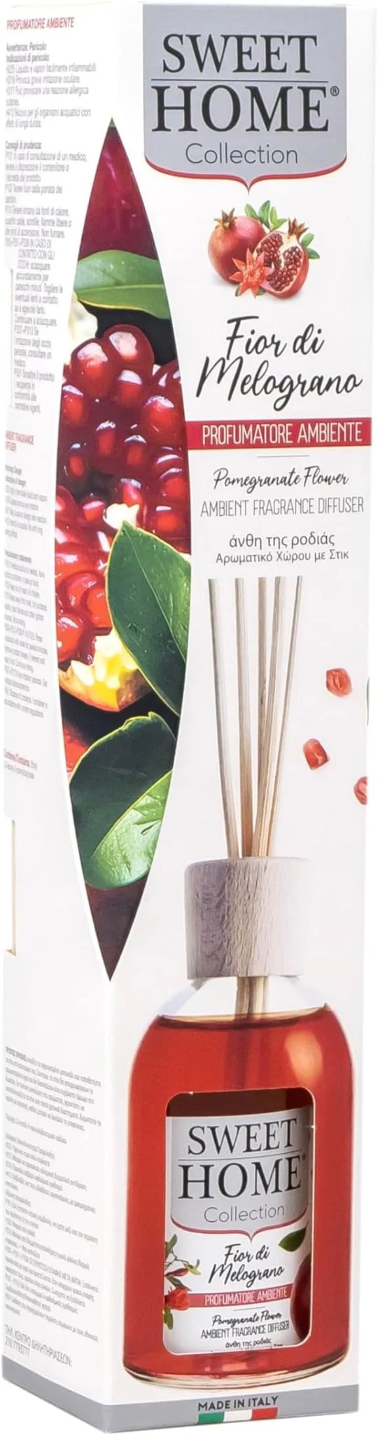 Sweet Home Ambient Fragrance Reed Diffuser, Pomegranate Flowers - 100ml, Long-Lasting Home Fragrance, Elegant Design, Ideal for Living Rooms, Bedrooms, and Gifting, Made In Italy.