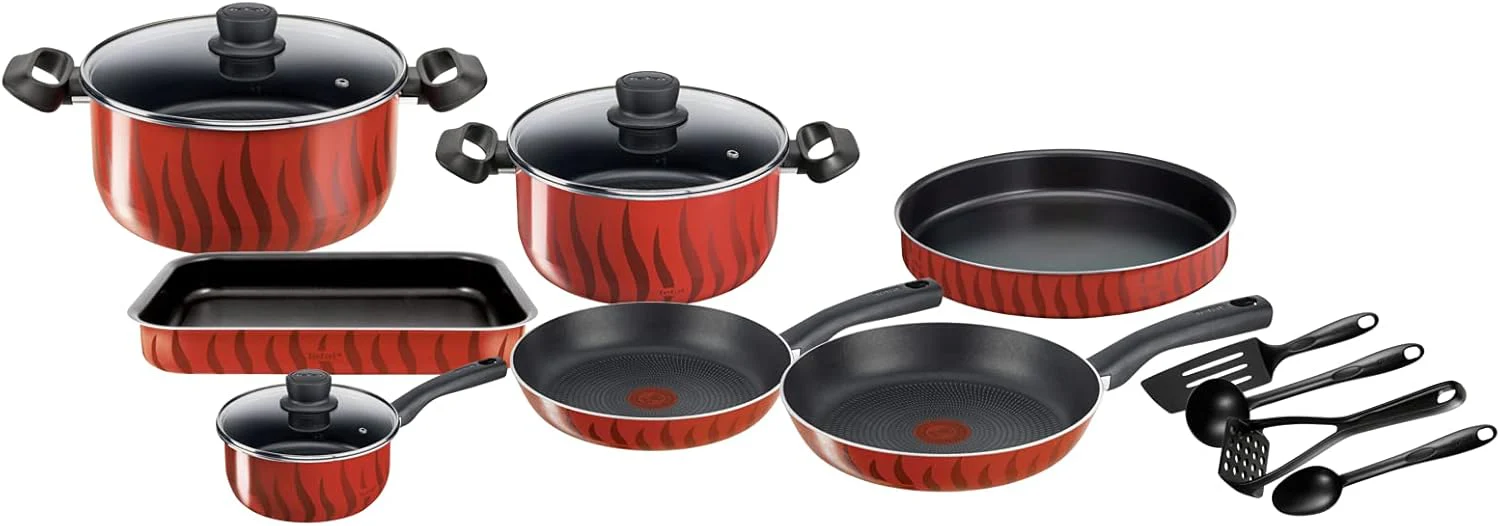 Tefal G6 Tempo Flame 14-Piece Non-Stick Aluminium Cookware Set – Complete Kitchen Set in Red, Made in France