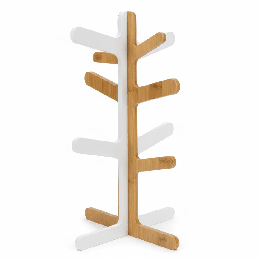 Tessie & Jessie Elegant White Wooden Mug Tree Stand for Stylish Kitchen Storage and Coffee Mug Display – 30cm