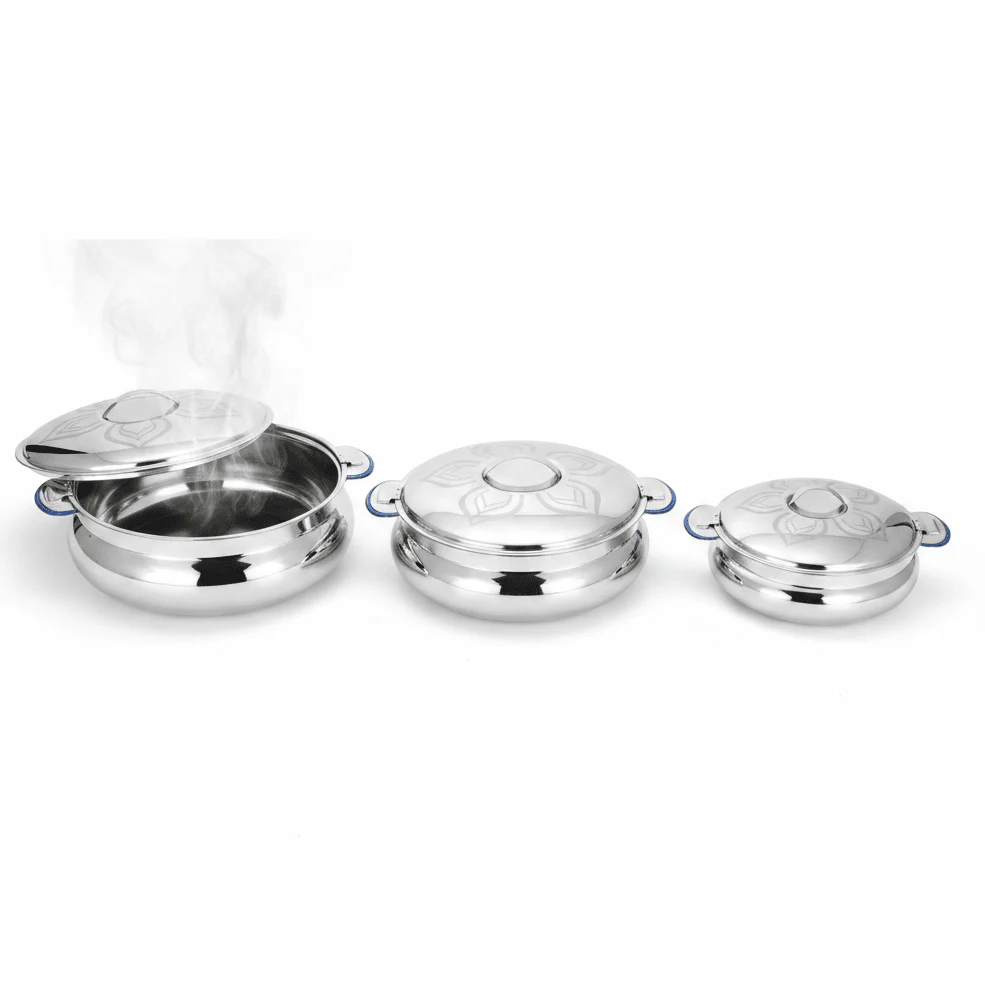 Tharun Premium 3-Piece Stainless Steel Hotpot Set with Elegant Finish Includes 2000 3000 4000 ml Sizes